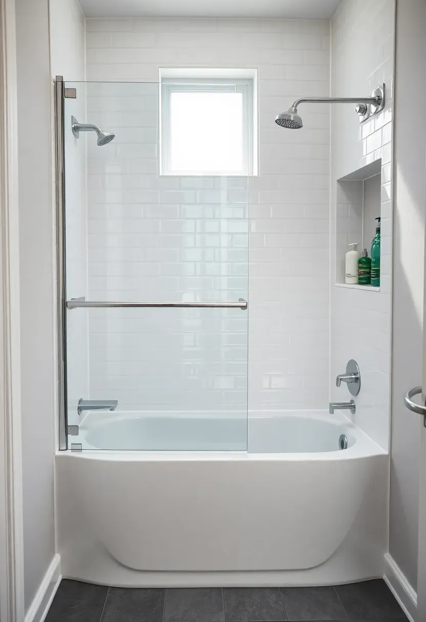 Compact bathroom with shower-over-tub combination and glass panel instead of curtain