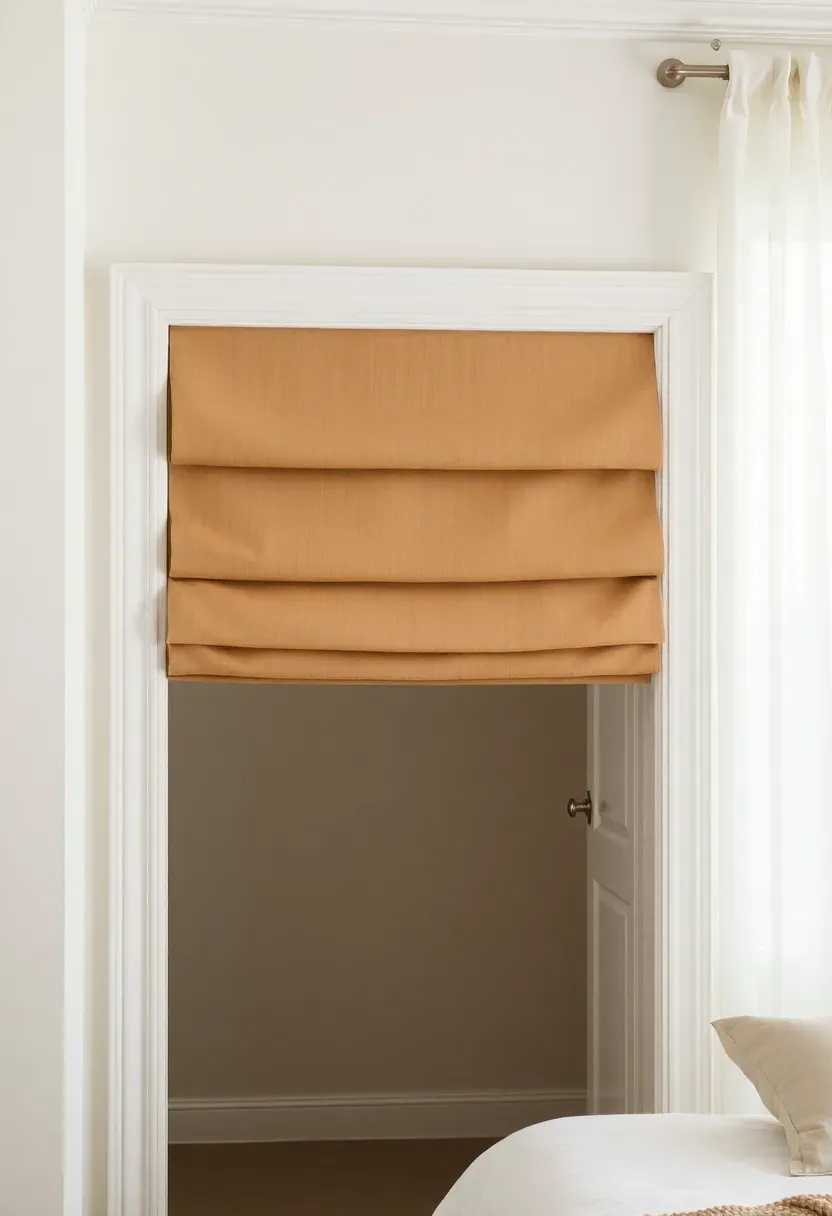 Elegant Roman shade in warm taupe fabric lowered over a closet doorway in a minimalist bedroom