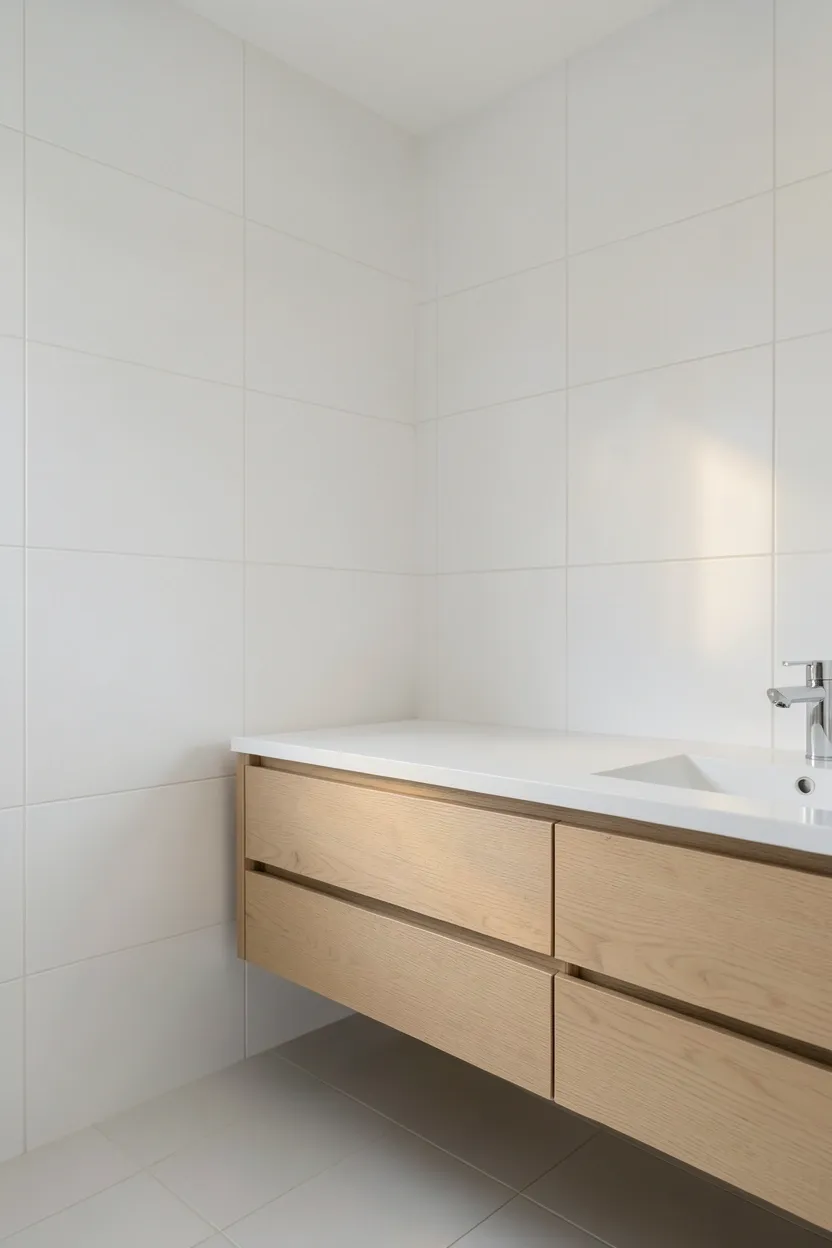Floor-to-ceiling large format matte white ceramic tiles with minimal grout lines and floating oak vanity in minimalist bathroom