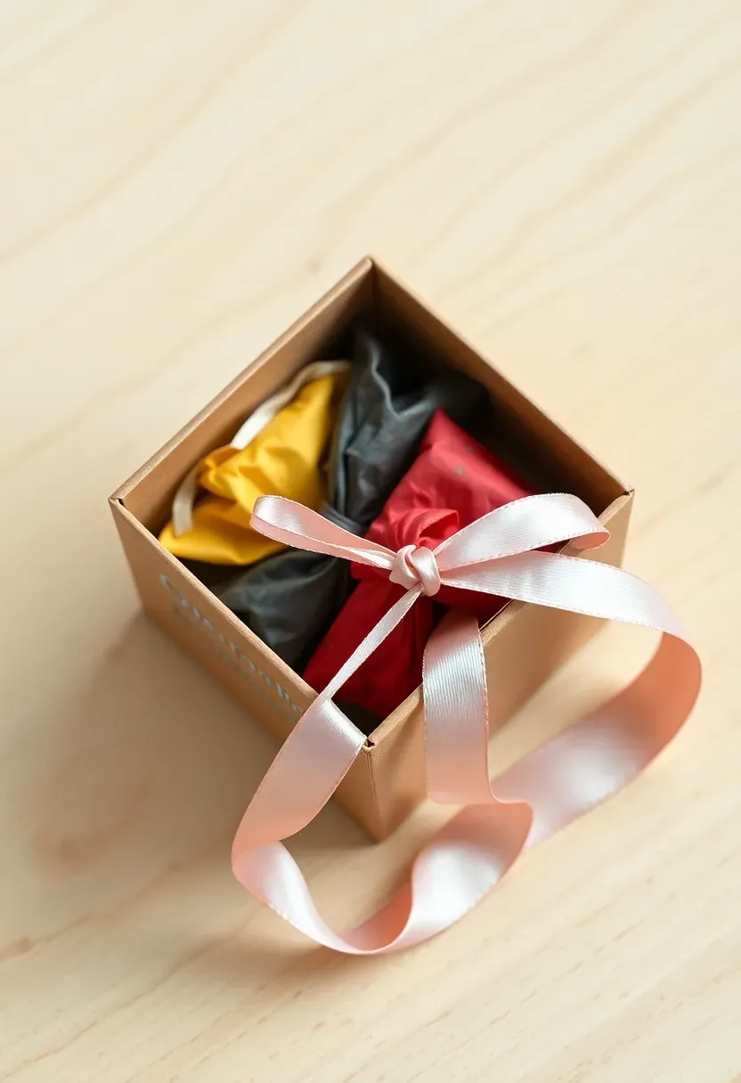 small tea sampler box with four different flavors in individual sachets tied with a pastel ribbon and a baby shower prize label