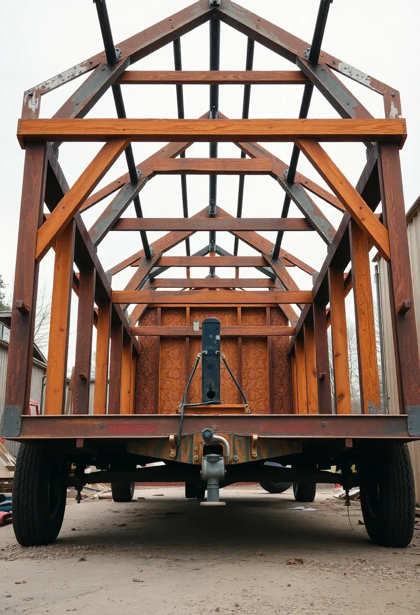 Hyper-realistic view of tiny house trailer frame under construction showing steel I-beam construction, wheel wells, hitch, and metal cross members. Construction site with tools visible. Clean industrial aesthetic with precision welding. Overcast daylight for even illumination. Technical documentary mood. Sharp details showing construction quality and engineering. No text, no logos, no watermarks.</p>