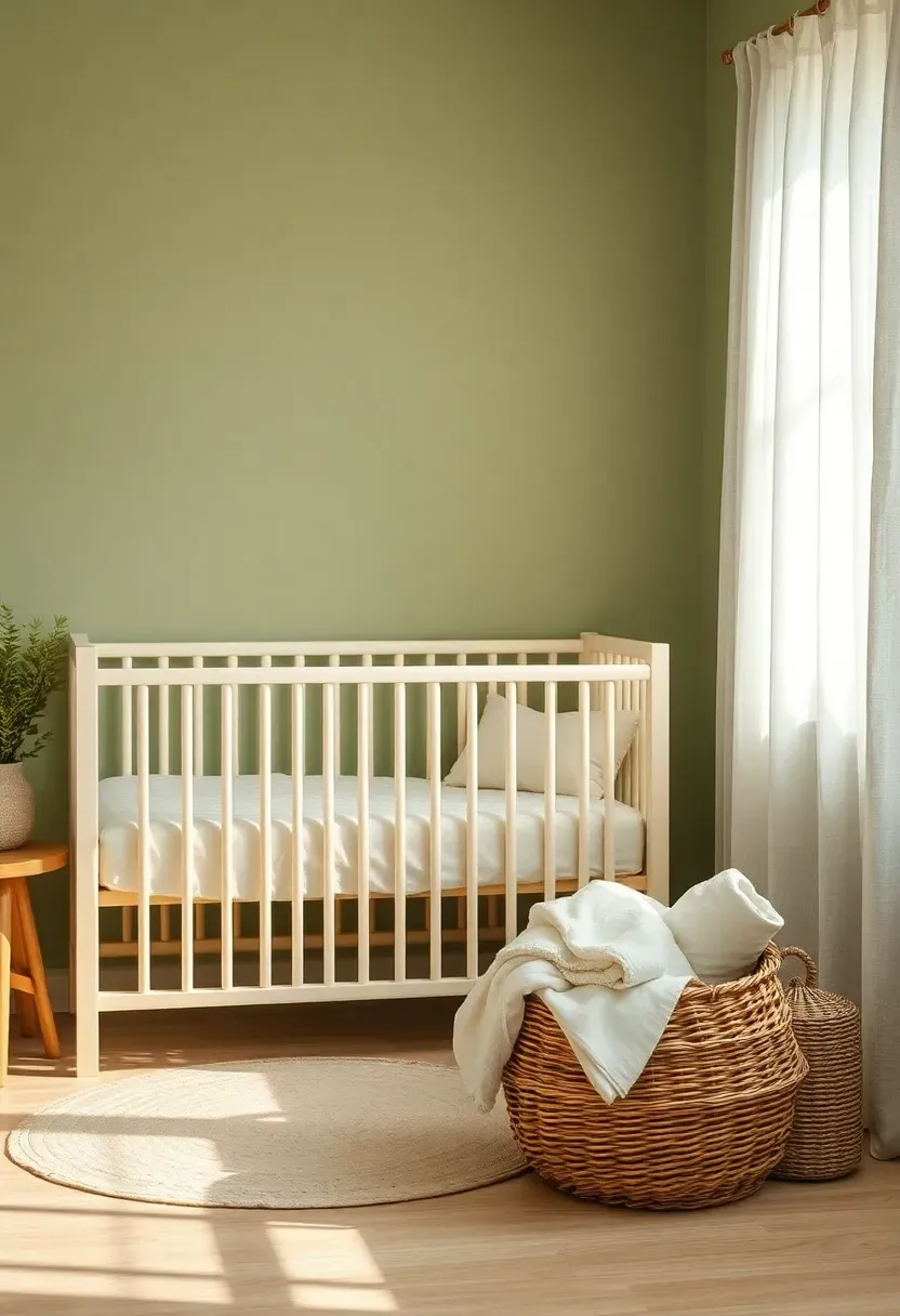 sage green and cream nursery for baby girl with natural wood furniture