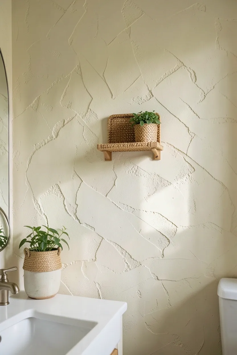 Hyper-realistic eye-level photograph of boho bathroom wall showing textured cream plaster finish with subtle variations in tone and hand-troweled surface patterns, creating organic depth, small rattan shelf mounted on wall with potted plant, white vanity visible in foreground. Natural light casting shadows on texture. Materials: lime plaster, rattan shelf, ceramic pot. Organic handcrafted boho wall finish. Visible trowel marks and variations. No text, no logos, no watermarks.</p>