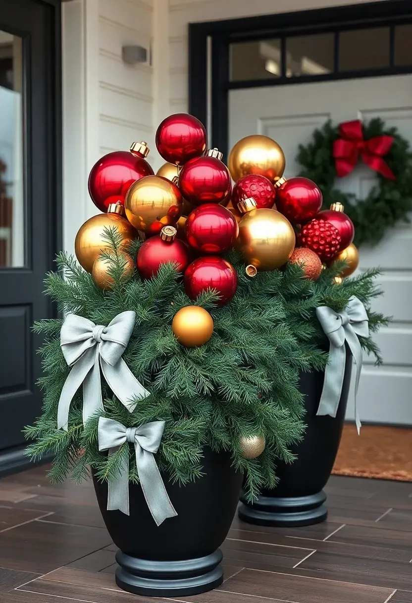 Hyper-realistic 3/4 view of an oversized ornament bowl front porch Christmas display. Materials: two large black urn planters filled with oversized shatterproof Christmas ornaments in ruby red, gold, and mercury glass silver, fresh pine boughs surrounding the ornament bases, wide velvet ribbon bows on the urns, coordinating wreath on front door. Bright overcast winter daylight (6000K), painted wood porch floor, modern white house exterior with black trim. Playful contemporary mood like West Elm holiday display. Shallow depth of field, sharp details on ornament sheen and pine needles, creative unexpected composition. No text, no logos, no watermarks.</p>