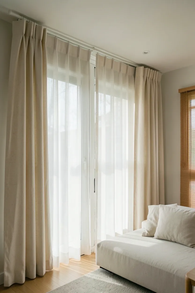 Sheer white linen curtains hung high above the window in a bright Japandi living room filtering soft natural light