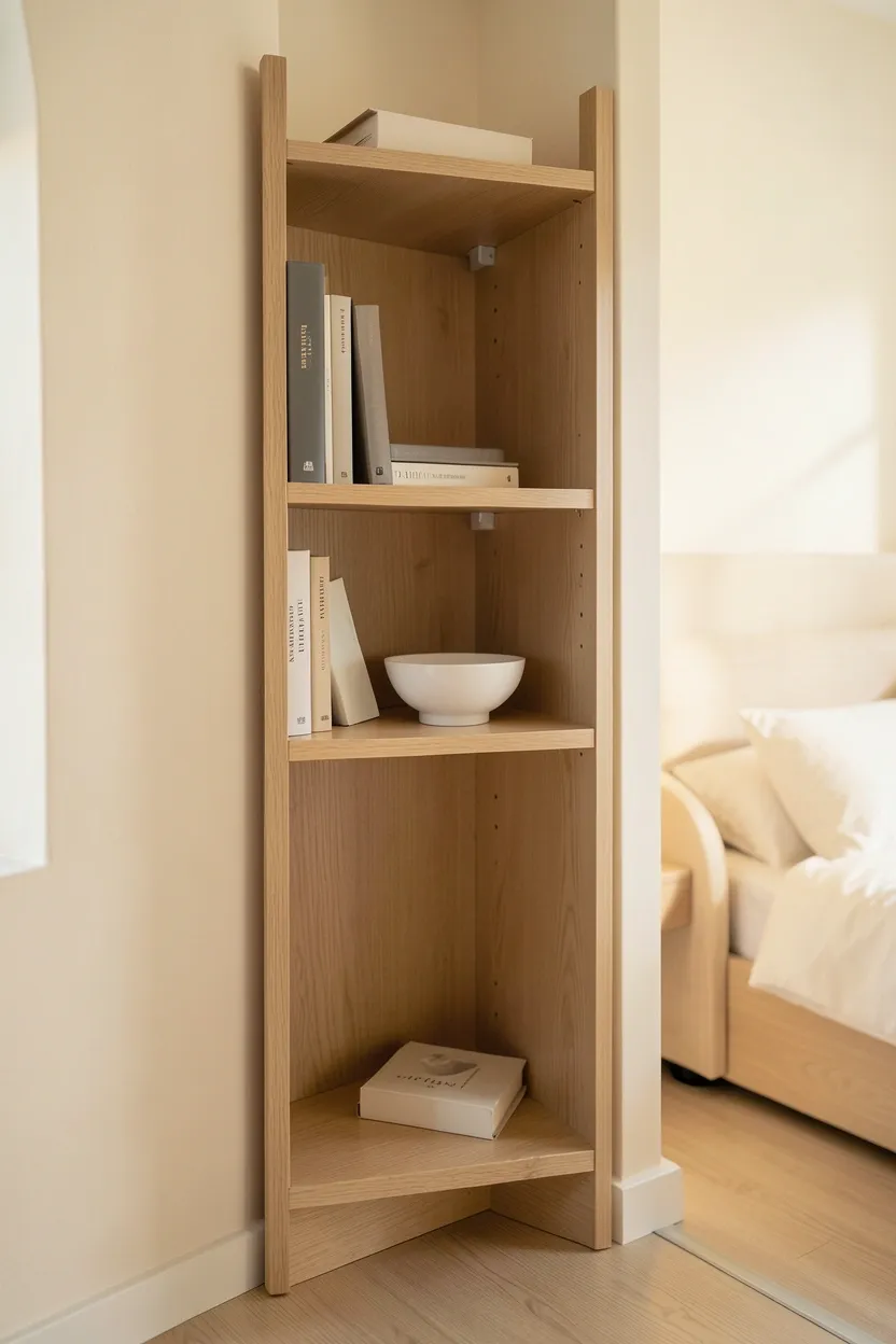Low open wood room divider with integrated shelving creating zones in a japandi small apartment bedroom