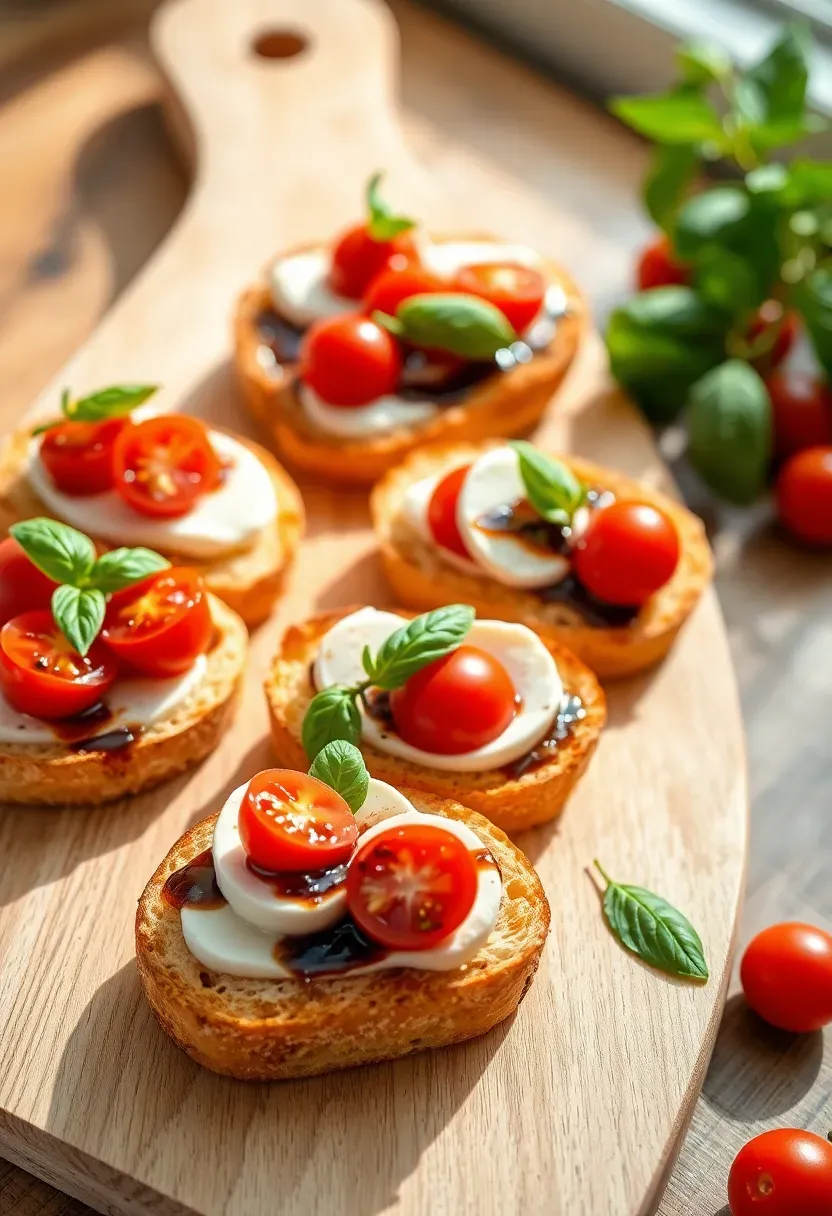 caprese bruschetta bites with cherry tomatoes fresh mozzarella and basil on toasted baguette slices for a baby shower appetizer