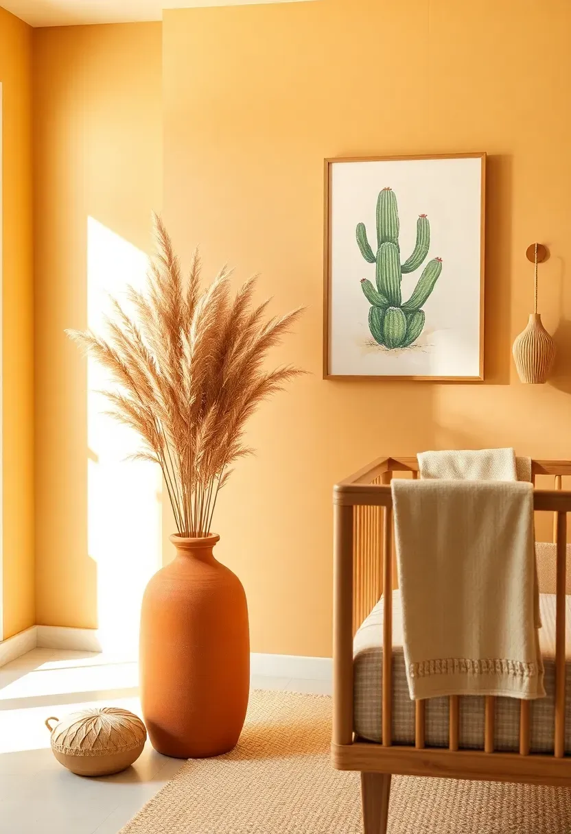 desert inspired nursery with warm sand tones dried pampas grass and cactus art print