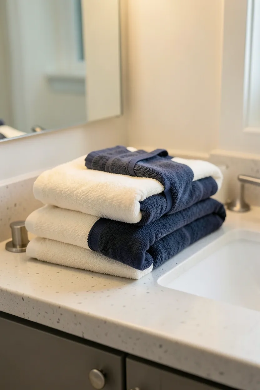Neatly folded coordinated towel set in warm neutral tones on a bathroom rack — easy renter-friendly bathroom refresh