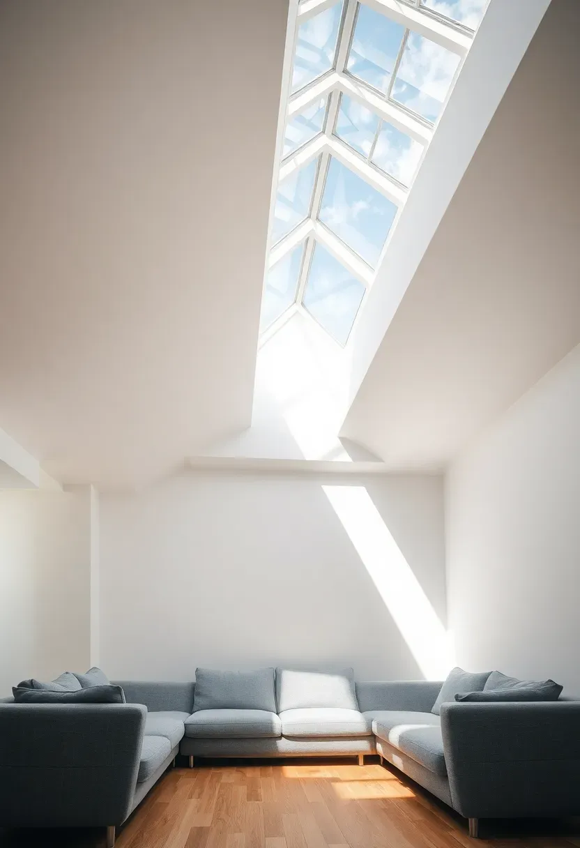 Hyper-realistic upward angled view of minimalist living room white ceiling with multiple skylights streaming bright natural light beams, white walls, gray sofa below, oak floor, dynamic shadows. Materials: white painted surfaces, skylight glass, gray linen upholstery. Bright natural light, airy uplifting mood. Architectural light feature, shallow depth of field, no text, no logos.</p>