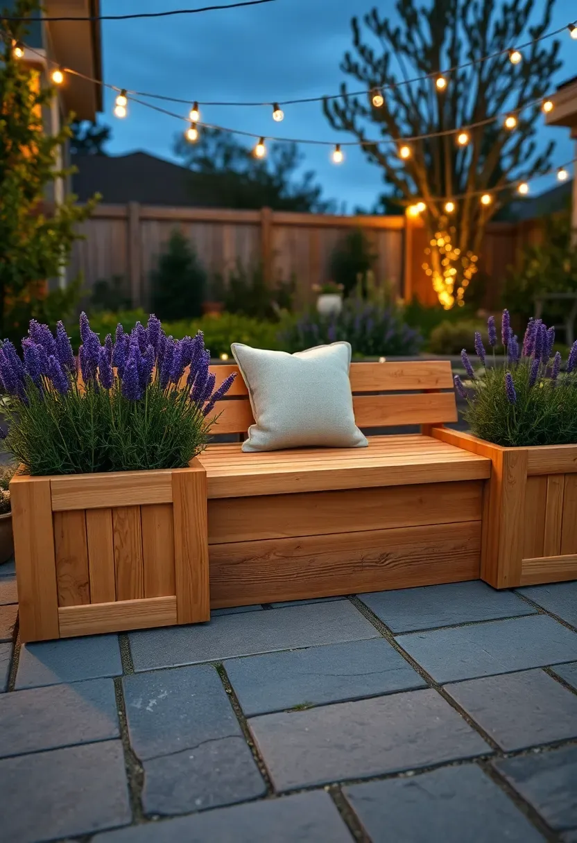Built-in wooden bench with integrated planter boxes on each end filled with lavender on a flagstone patio at dusk