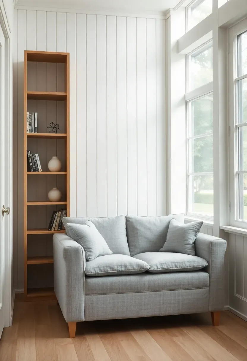 Narrow sunroom with vertical white shiplap running floor to ceiling on the solid wall, a pale gray loveseat, a tall narrow bookshelf, and abundant natural light emphasizing the vertical lines