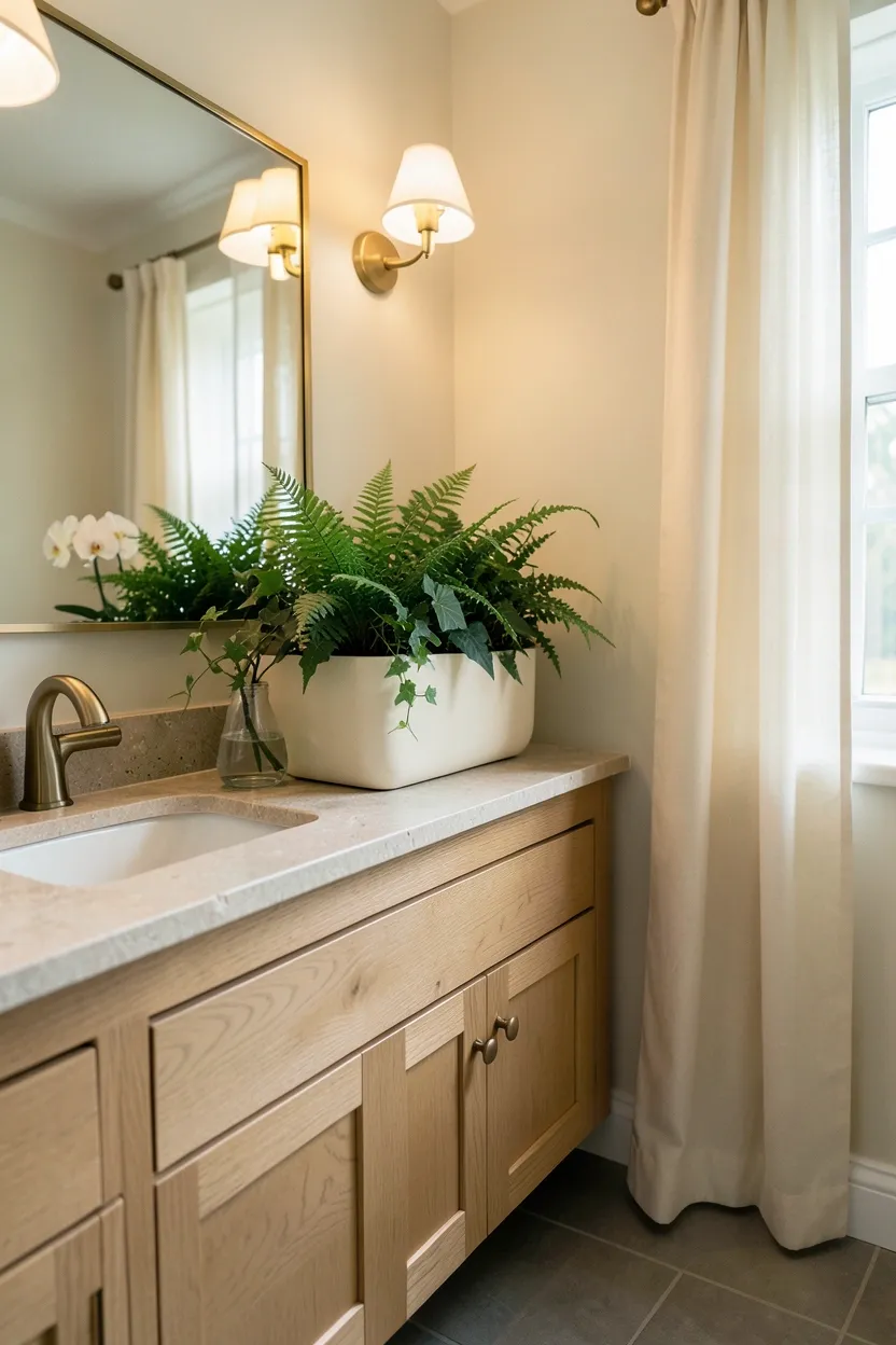 Hyper-realistic 3/4 view of a bathroom with botanical display in water-resistant vessel. Light oak vanity with stone top features large waterproof ceramic planter in warm cream containing fern and ivy with fresh green leaves. Additional small glass vessel holds orchid with pale blooms. Natural greenery provides organic warmth against neutral cream walls and warm gray floor tiles. Warm ambient lighting from brass sconces. Mirror with brass frame. Clean organized surfaces. Window visible through sheer cream curtains. No text, no logos, no watermarks.</p>