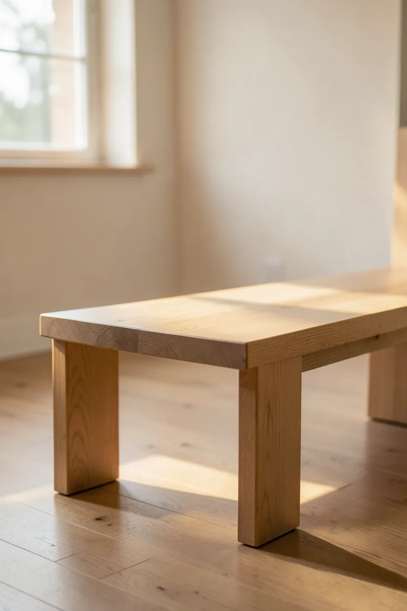 Slim natural oak wooden bench with clean minimalist lines positioned below a window in a small apartment living room