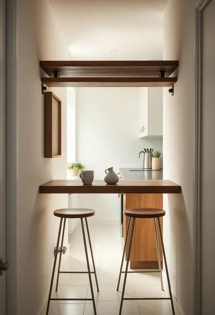 wall-mounted floating breakfast bar shelf in a narrow galley apartment kitchen