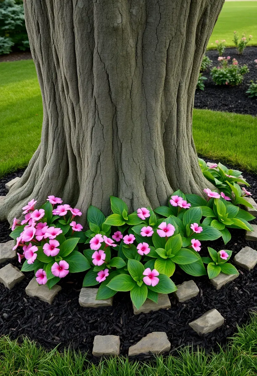 Flower bed ring around a mature shade tree with colorful impatiens and hostas planted in a thick mulch bed