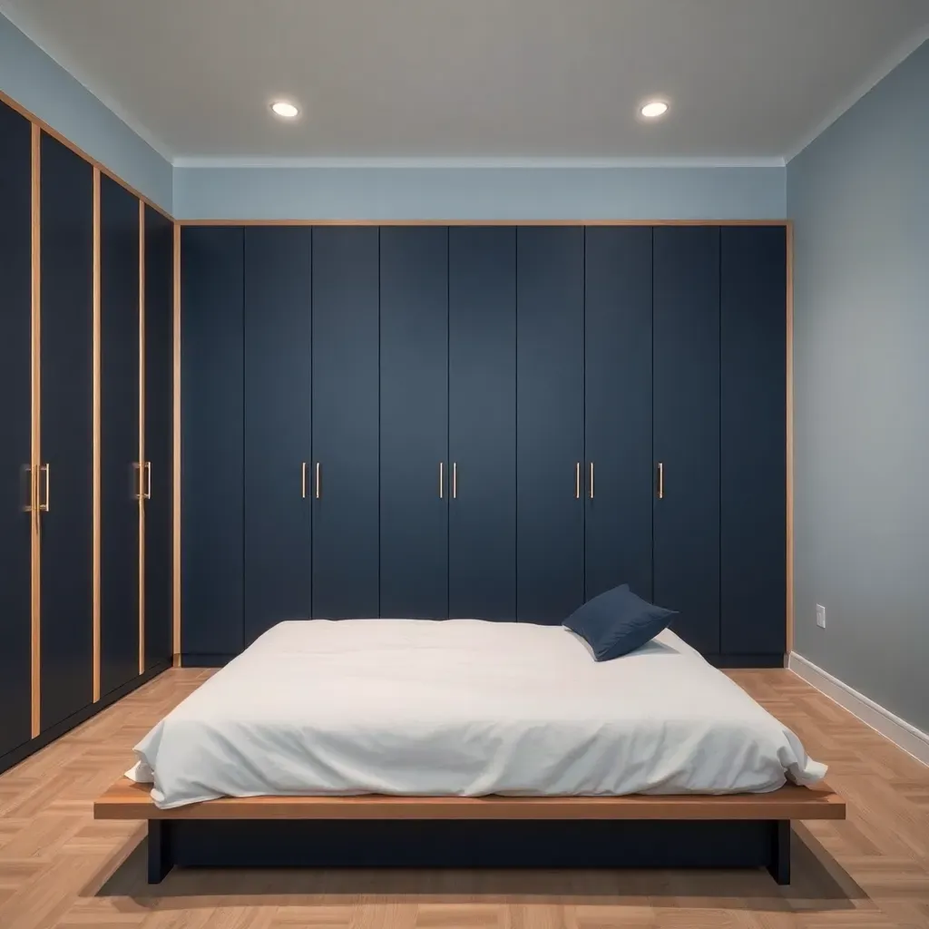Navy Built-in Wardrobes with Light Oak Trim