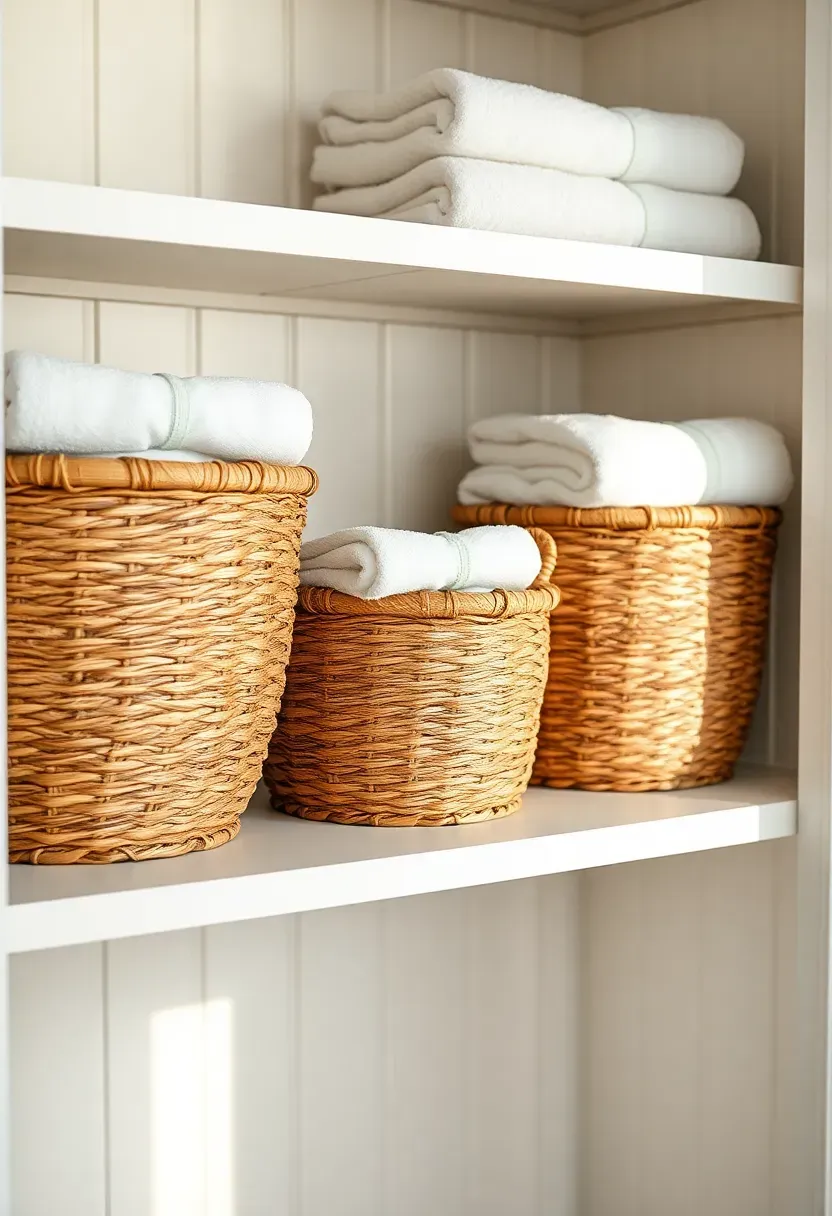 Three woven seagrass baskets on bathroom closet shelves holding folded washcloths and hand towels
