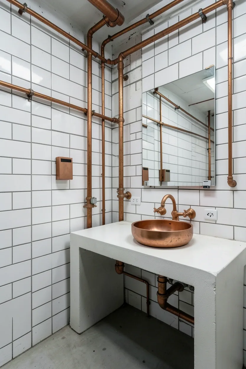 Industrial white bathroom with exposed copper pipes, white subway tiles, copper vessel sink, and Edison bulb pendant light