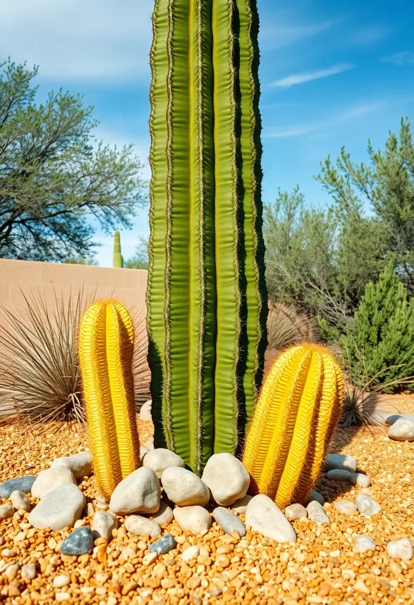 Tall saguaro cactus in a sculpted Arizona front yard with decomposed granite, desert boulders, and golden barrel cactus