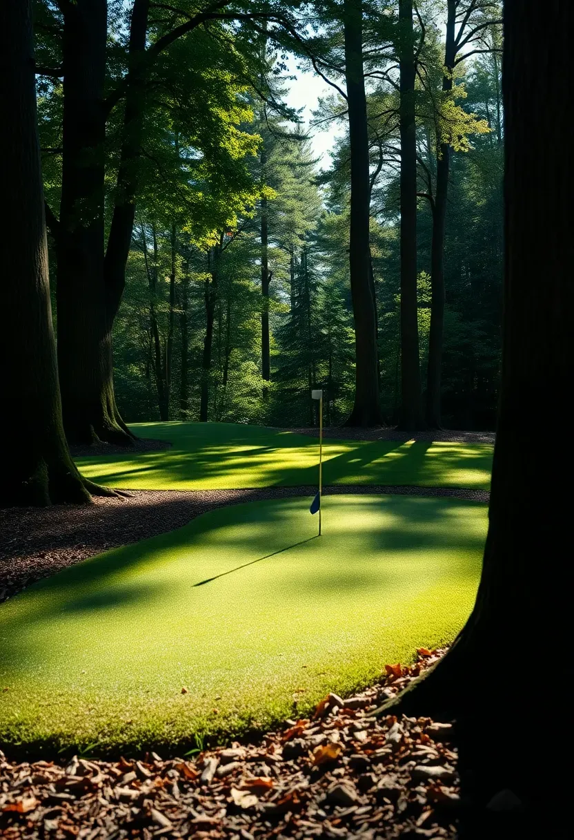Putting green tucked into a clearing among mature trees with dappled shade and natural mulch borders