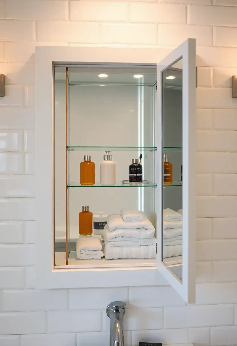 Recessed medicine cabinet with mirrored door flush-mounted into a tiled bathroom wall, open to reveal organized shelves with toiletries