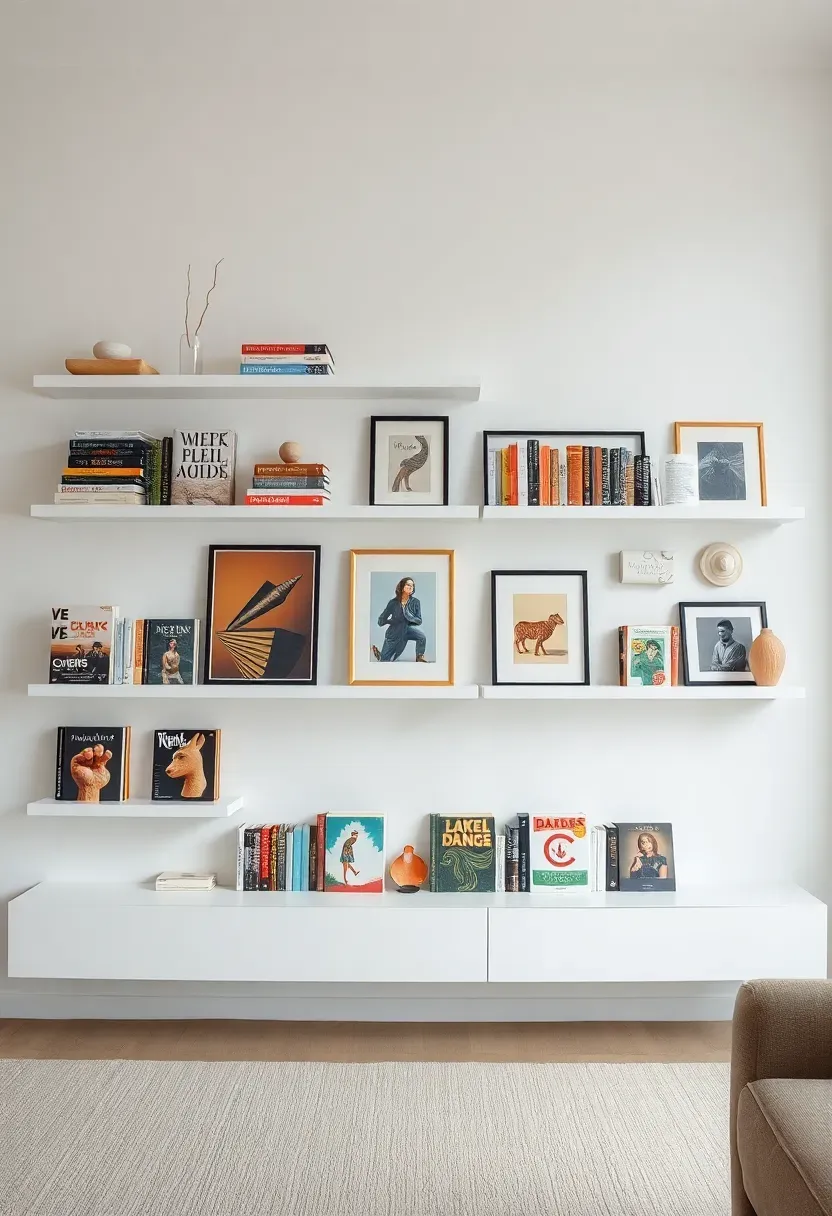 Hyper-realistic front view of gallery-style book display wall with mix of horizontal and vertical books, framed art, objects, floating shelves at varied heights. Materials: white shelves, art books with colorful covers, framed prints, ceramic objects, light wall. Even natural light (overcast day), minimal shadows. Artful composition, sharp details on covers and objects, curated aesthetic, visible room with minimalist furniture. No text, no logos, no watermarks.</p>