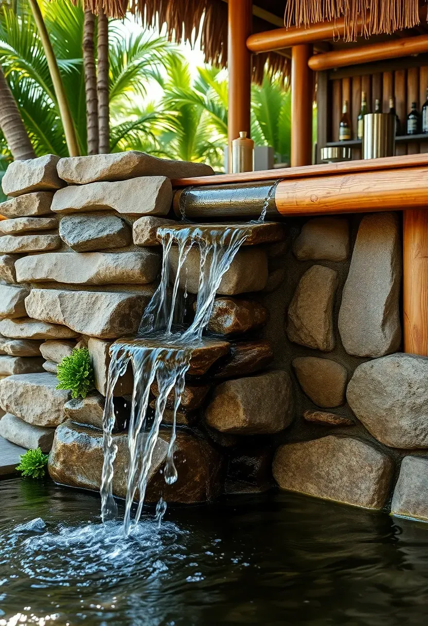 Tiki bar with a cascading stone waterfall feature flowing into a small rock pool beside the bamboo counter
