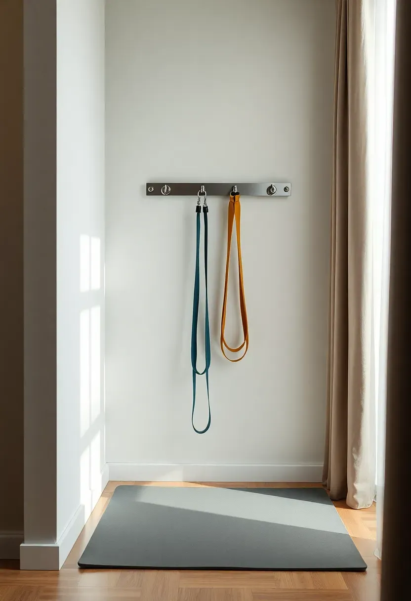Compact home gym resistance band station with wall anchors, door-mounted pulleys, and neatly stored bands in a small alcove