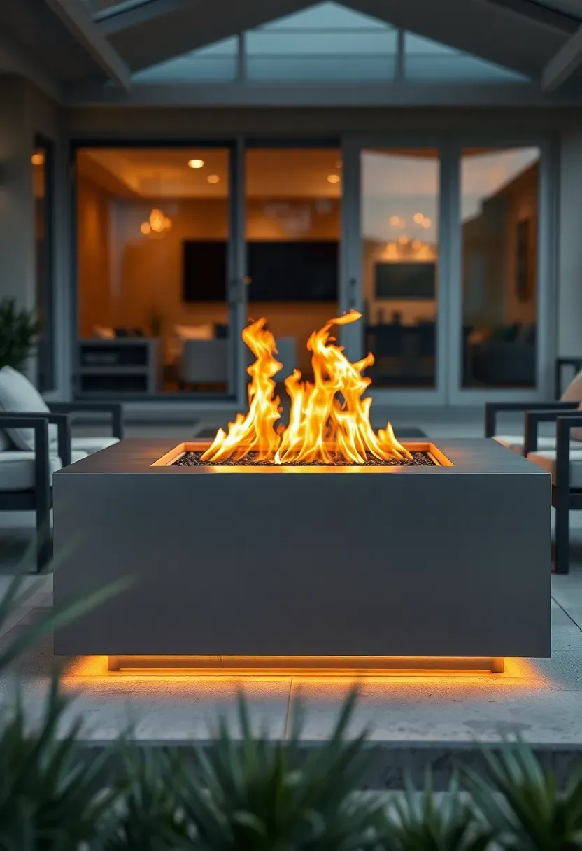 Hyper-realistic 3/4 view of a modern bioethanol firepit showing a sleek rectangular stainless steel or concrete firebox with clean orange flames dancing across the burner surface, positioned on a covered porch or patio with contemporary furniture, with no visible smoke or sparks. Materials: brushed stainless steel or smooth concrete firebox, stainless steel burner visible, contemporary outdoor furniture in weather-resistant fabrics, covered porch or patio surface, modern home interior visible through glass doors. Evening lighting with pure clean flame glow creating sophisticated modern atmosphere, visible smoke-free clean burning. Ultra-contemporary luxury aesthetic. Shallow depth of field emphasizing firepit foreground with furniture and indoor-outdoor connection visible beyond. No text, no logos, no watermarks.</p>