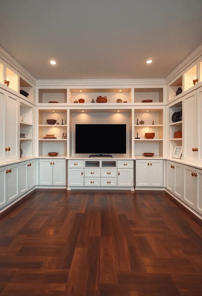 Full floor-to-ceiling built-in entertainment center in a basement with cabinets, open shelving, integrated lighting, and a recessed TV
