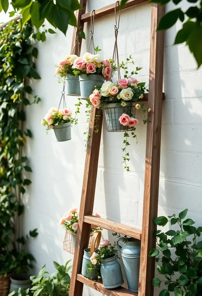 Vintage wooden ladder used as a flower bar display stand with hanging buckets of mixed flowers at a wedding
