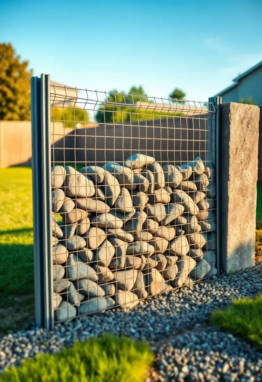 Gabion wall fence filled with gray river rocks between steel wire cage sections along a backyard property line