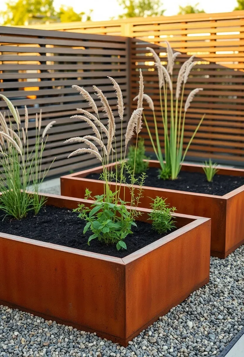 Three rectangular raised garden beds made of weathered corten steel with herbs and ornamental grasses, set against a modern fence