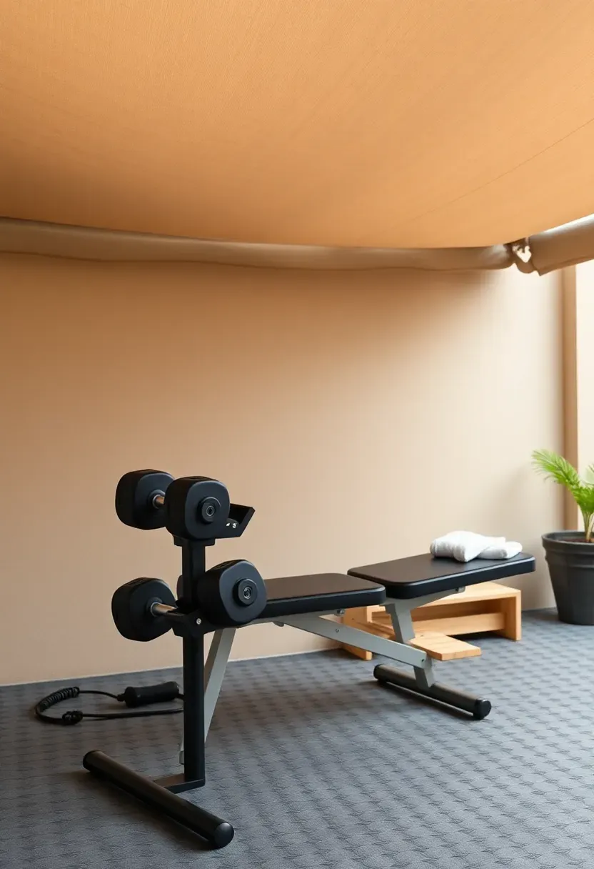Compact outdoor gym station with an adjustable dumbbell set on a stand, a flat-incline bench on rubber tiles, and a small storage shelf under a patio awning