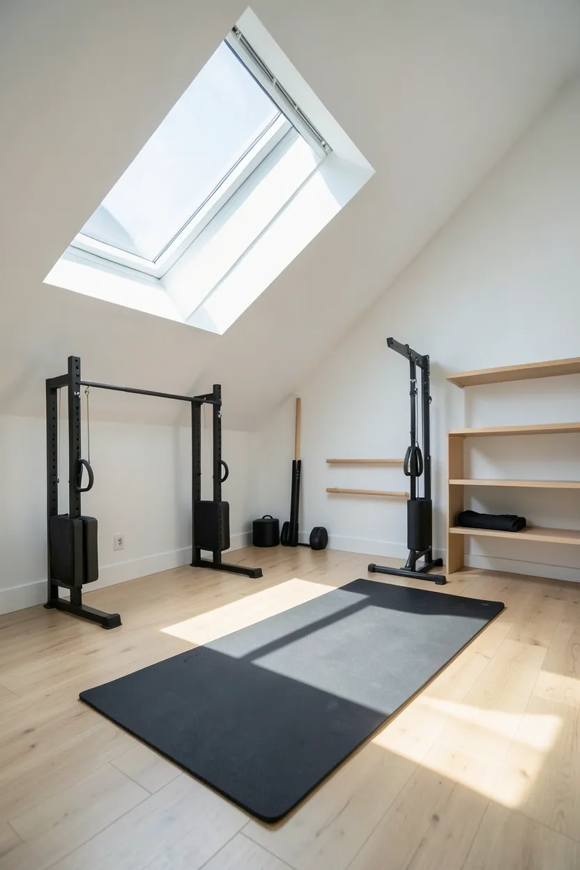 Attic conversion fitness studio with skylight, sloping ceiling, yoga mat zone, and dumbbell rack under the eaves