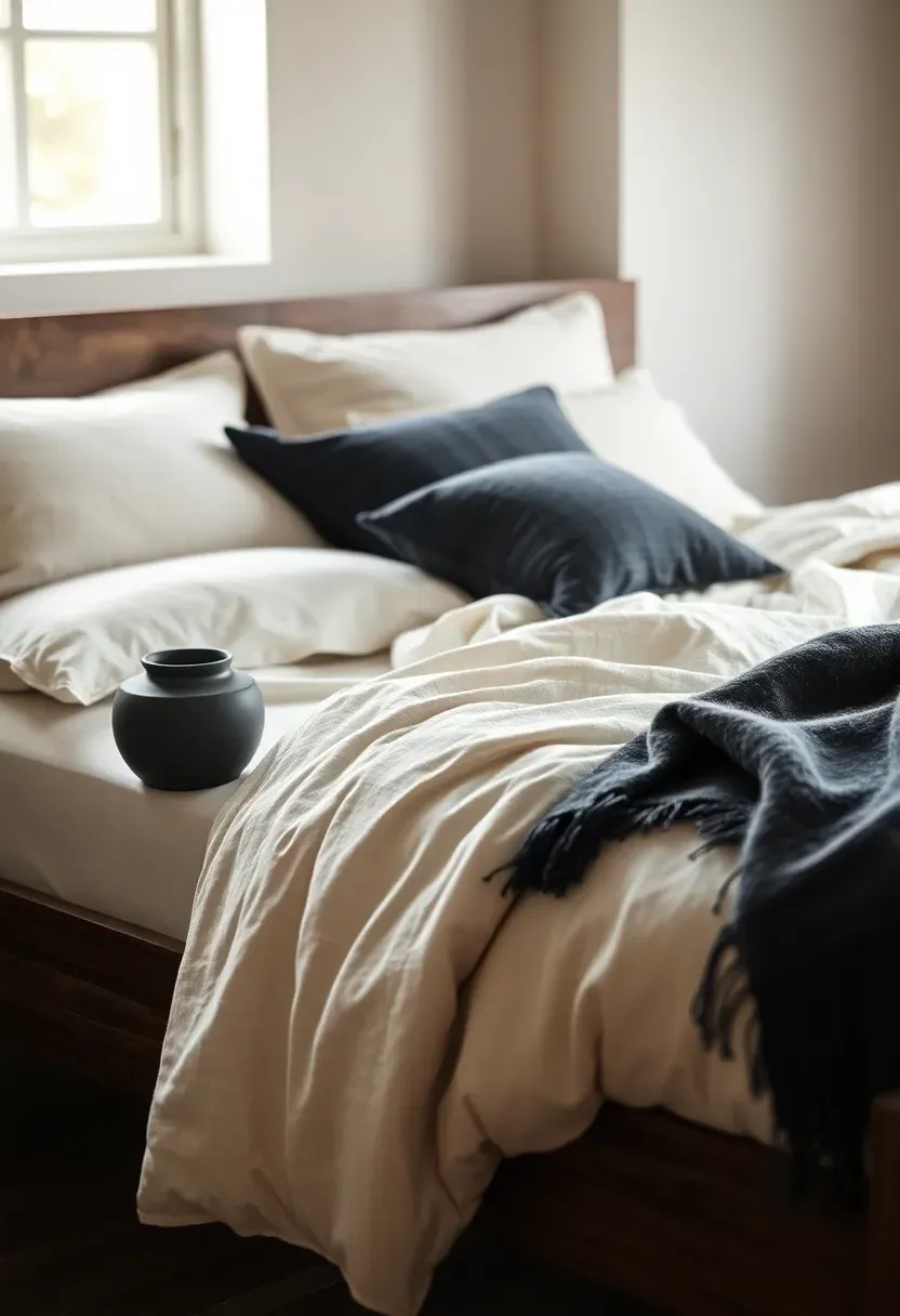 Linen bedding with charcoal throw contrast