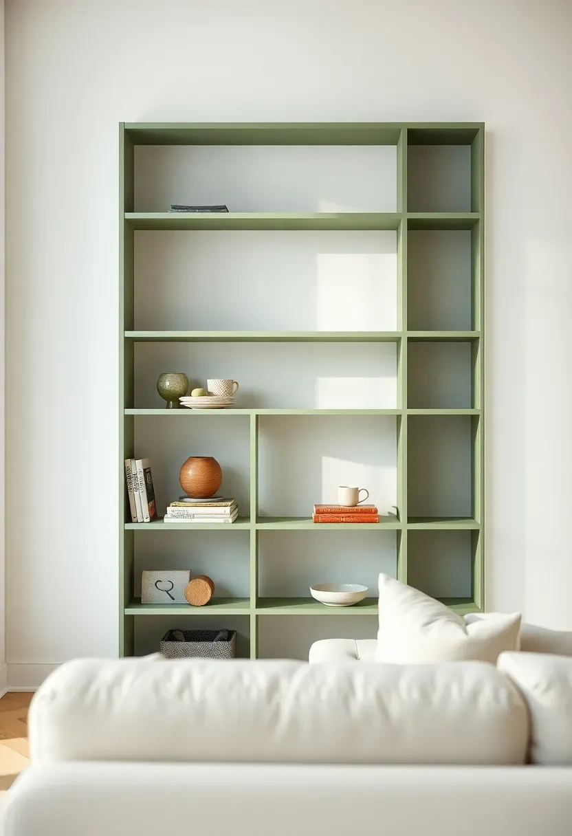 Hyper-realistic view of living room with sage green open bookshelf unit against white wall, few carefully arranged objects on shelves, white sofa, simple room. Materials: sage green painted shelving unit, white walls, displayed ceramic objects and books. Natural light, serene curated mood. Shelving as subtle backdrop to objects, shallow depth of field, no text, no logos.</p>