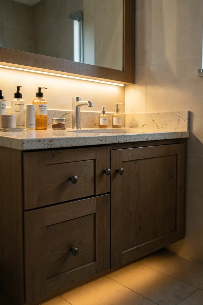Dated bathroom vanity repainted in deep navy with updated matte black hardware as an affordable rental bathroom upgrade