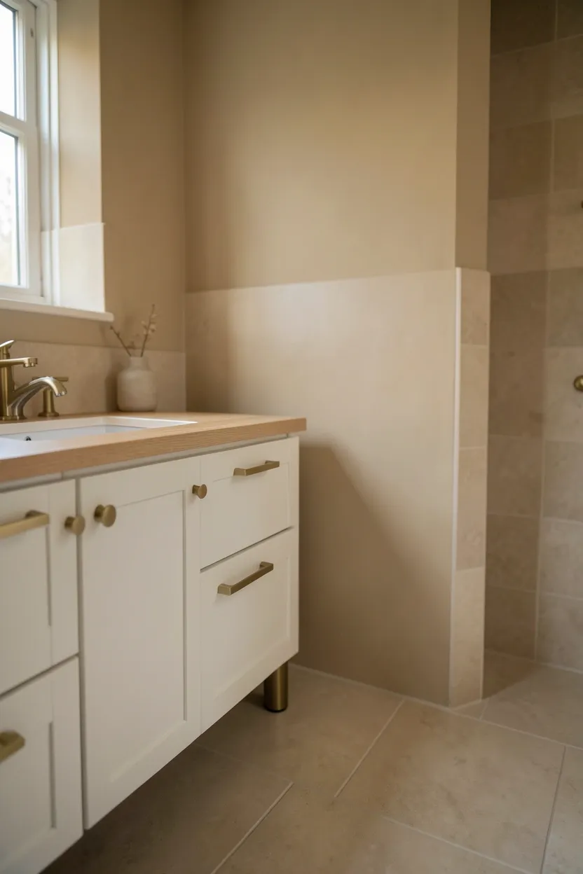 Calm modern bathroom with layered warm neutral palette — soft beige walls, white fixtures, and wood accents