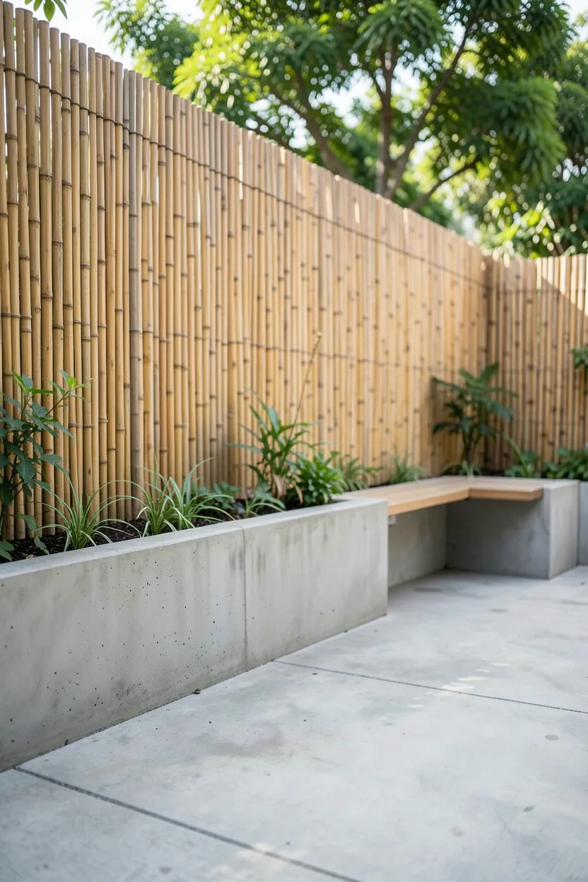 Concrete Patio with Bamboo Privacy Screen