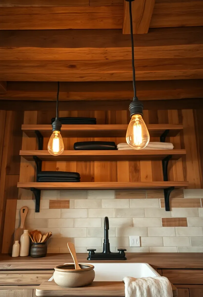 Rustic basement kitchen with exposed ceiling beams, reclaimed wood open shelving, a farmhouse apron sink, and warm Edison bulb pendants