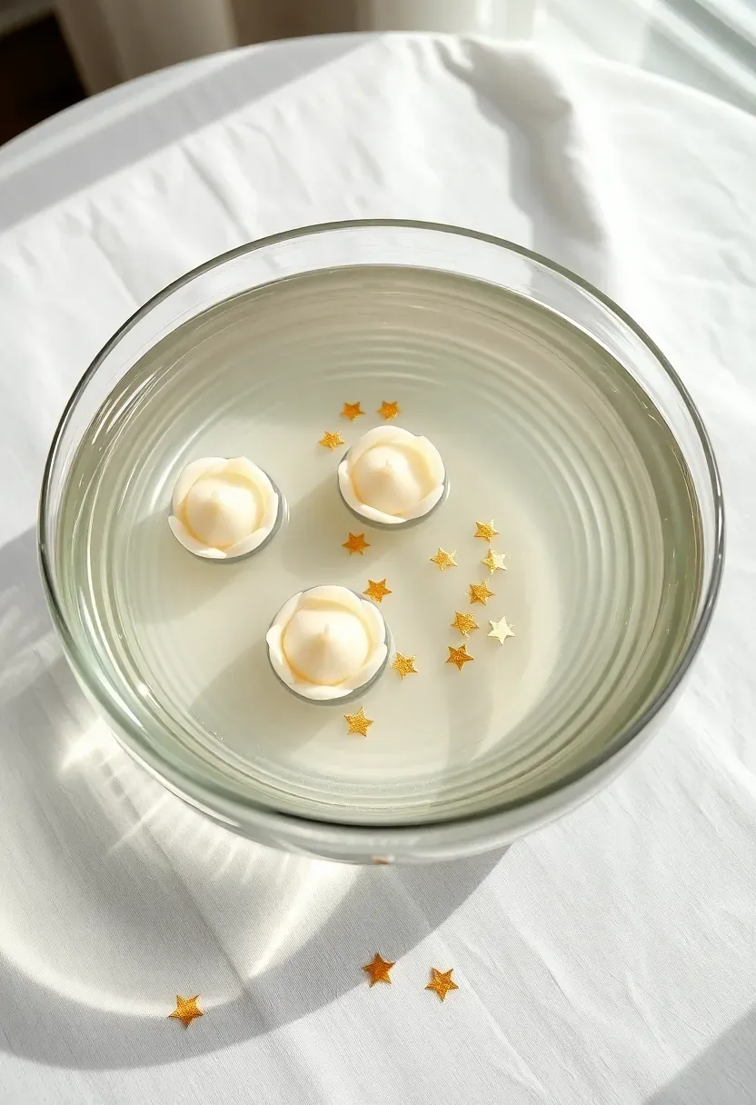 Round glass bowl with floating candles, white roses, and graduation confetti in water