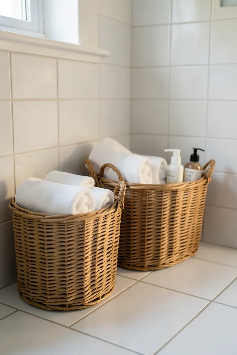Natural wicker baskets holding rolled towels and toiletries on open shelving in a cozy British bathroom