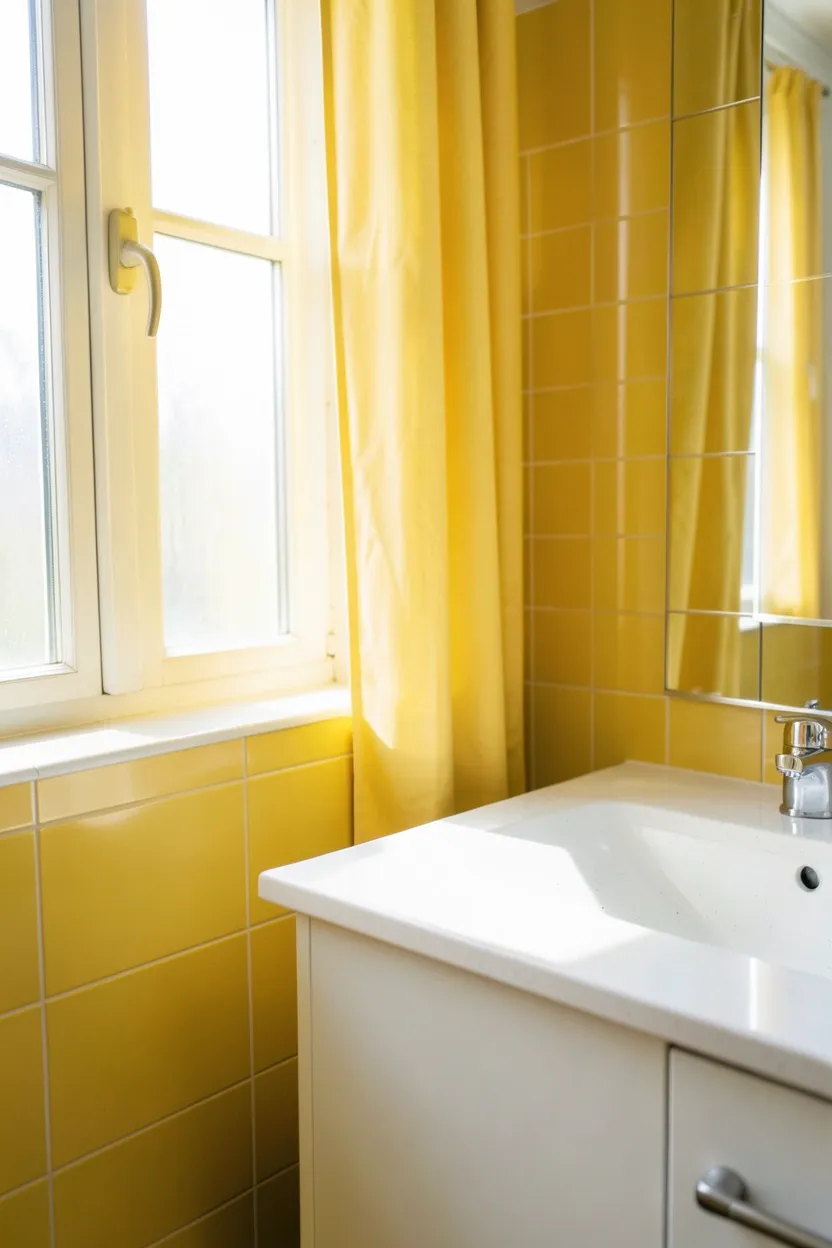 Toca Boca bathroom with yellow curtains, sunny windowsill with plants, and bright natural light in a rental apartment