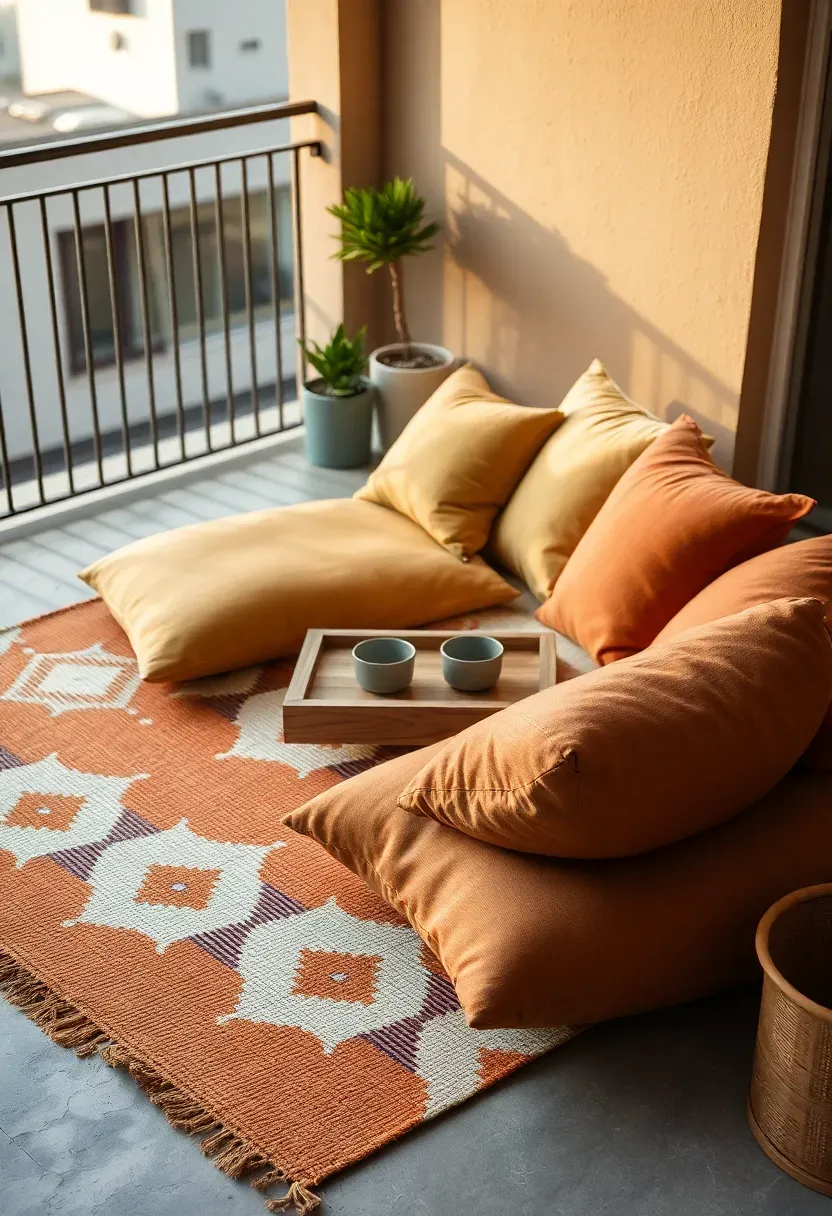 Colorful layered outdoor rug on an apartment patio with floor cushions and a low wooden table