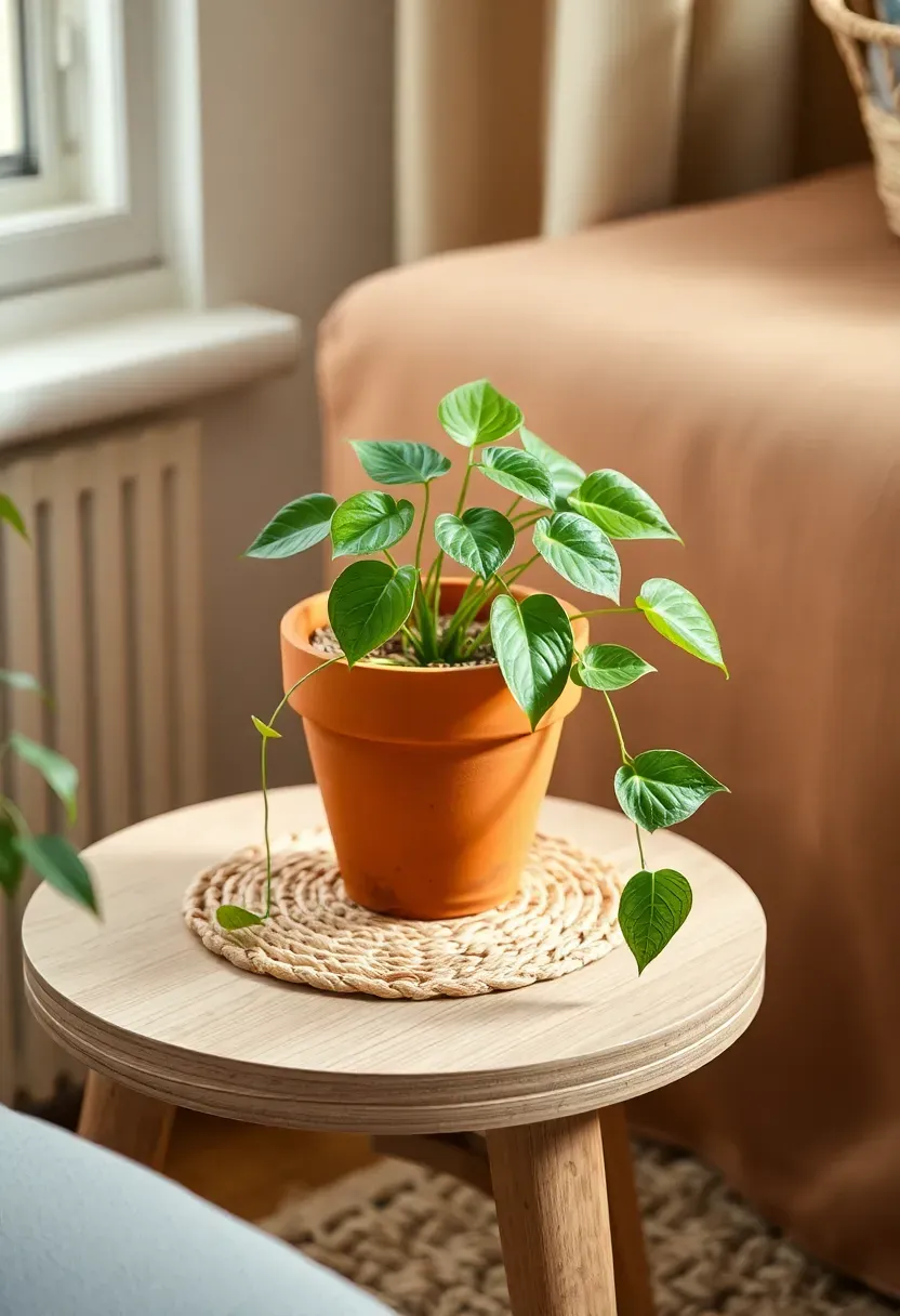 Small potted trailing pothos in a terracotta pot on a rental apartment side table with a woven coaster protecting the surface