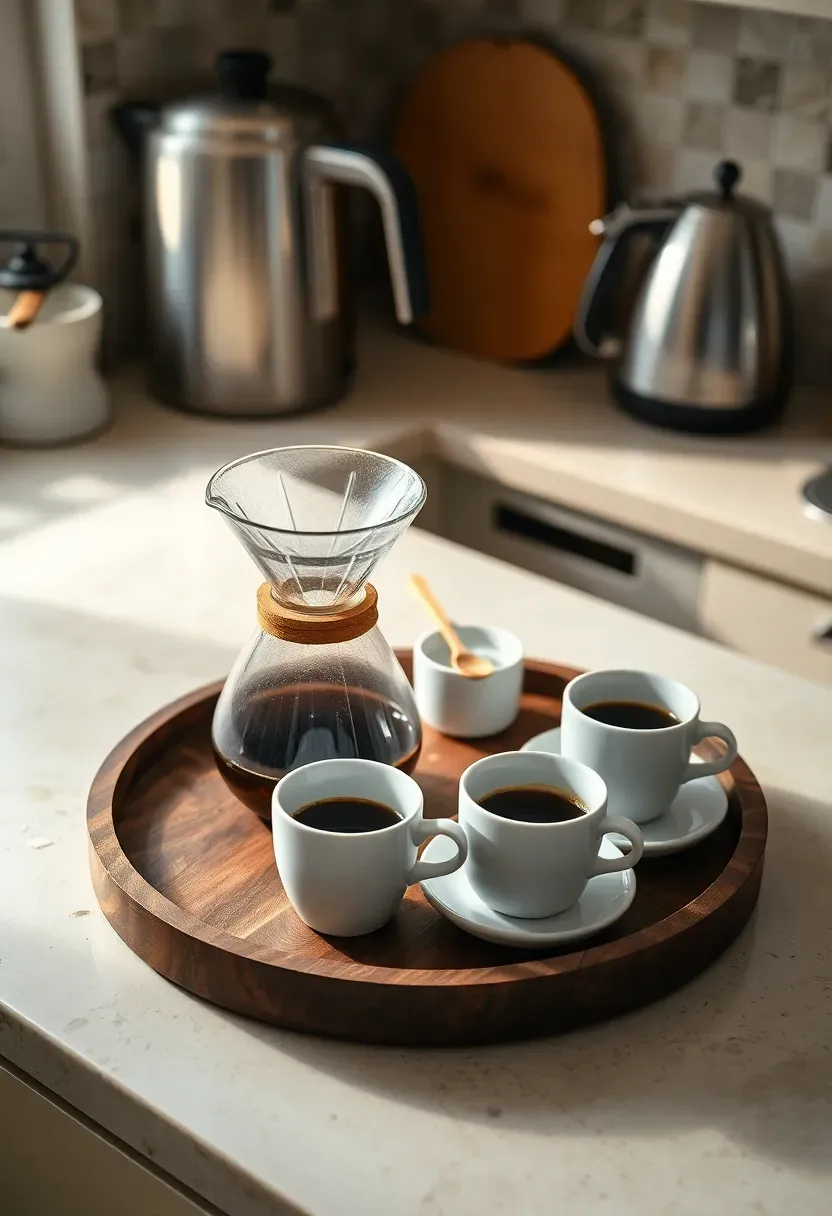 Round tray styled as coffee station with pour-over coffee maker sugar bowl and espresso cups