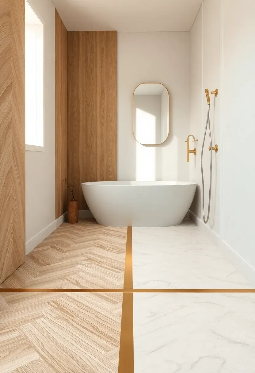 Bathroom floor showing a clear transition between herringbone wood-look planks and white hexagon tile with brass strip