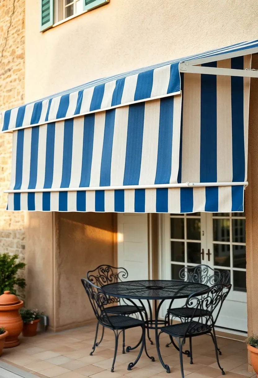striped retractable awning attached to house wall extending over a patio